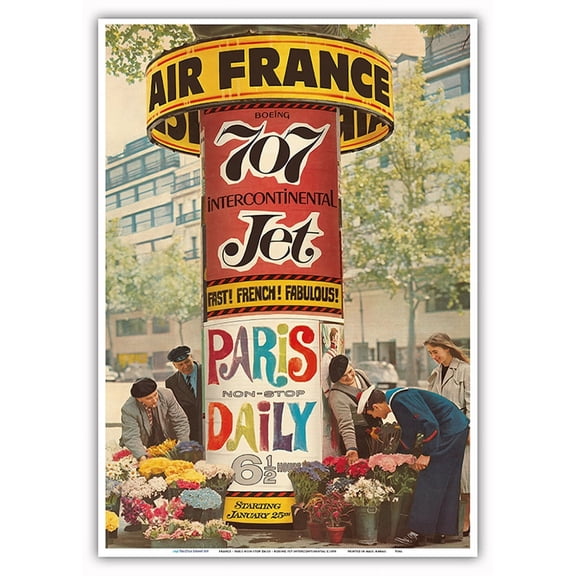 France - Paris Non-Stop Daily - Boeing 707 Intercontinental Jet - Vintage Airline Travel Poster by Edmond Maurus c.1959 - Master Art Print 10in x 14in