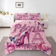 thumbnail image 1 of France Paris Style Bedding King Rose Purple High Heel Print Comforter Set Eiffel Tower Romantic Themed Bedding Comforter Sets Dreamy Glitter Butterfly Duvet Insert Princess Bedroom Decor Quilt, 1 of 6