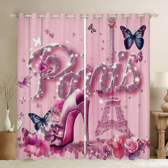 France Paris Style Blackout Curtains Rose Purple High Heel Print Curtains Eiffel Tower Romantic Themed Bedroom Curtains Dreamy Glitter Butterfly Window Curtains Princess Bedroom Curtains,76"Wx54"L