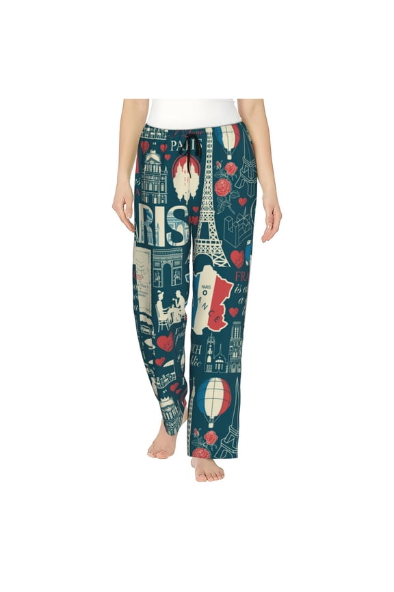 France And Paris Tower Romantic Women'S Comfy Pajama Pants With Pockets,Soft Stretch Drawstring Lounge Pants, Soft Casual Wide Leg Pjs Sleep Bottoms Medium