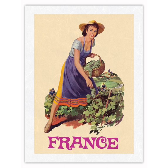 France - Picking Grapes in French Wine Vineyard - Vintage Travel Poster by Len Oehmen c.1960s - Japanese Unryu Rice Paper Art Print (Unframed) 12 x 16 in
