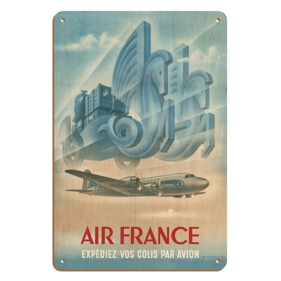 France - Ship Your Parcels By Plane (Expédiez Vos Colis Par Avion) Air France - Vintage Airline Travel Poster by Max Ponty c.1949 - 8 x 12 inch Vintage Wood Art Sign