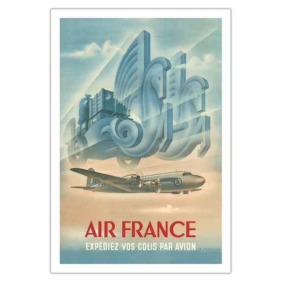 France - Ship Your Parcels By Plane (Expédiez Vos Colis Par Avion) Air France - Vintage Airline Travel Poster by Max Ponty c.1949 - Fine Art Matte Paper Print (Unframed) 30x44in