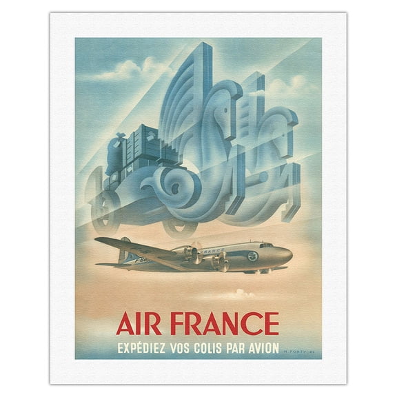France - Ship Your Parcels By Plane (Expédiez Vos Colis Par Avion) Air France - Vintage Airline Travel Poster by Max Ponty c.1949 - Fine Art Rolled Canvas Print 20in x 26in