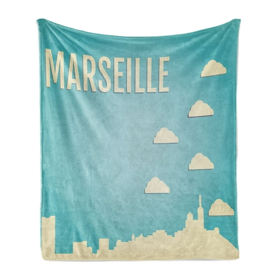 France Soft Flannel Fleece Throw Blanket, City Landscape of Marseille with Building Silhouettes and Clouds, Cozy Plush for Indoor and Outdoor Use, 70" x 90", Dark Seafoam and Eggshell, by Ambesonne