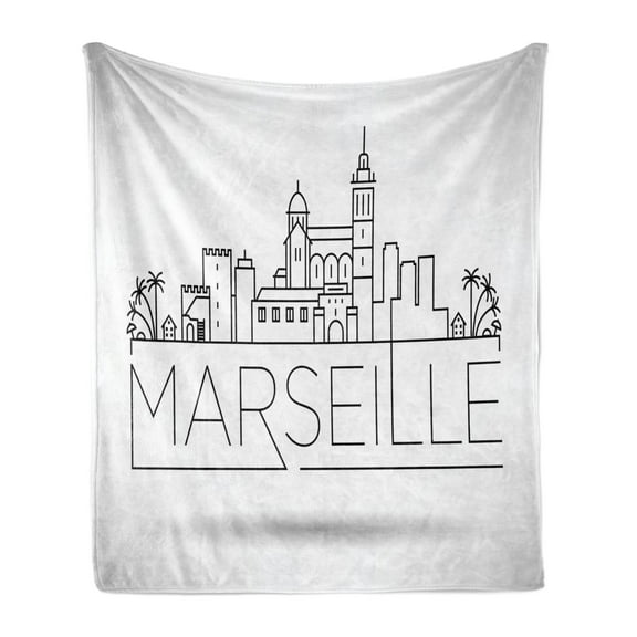 France Soft Flannel Fleece Throw Blanket, Linear Art Skyline Illustration of Marseille in Typographic Design, Cozy Plush for Indoor and Outdoor Use, 60" x 80", White and Charcoal Grey, by Ambesonne