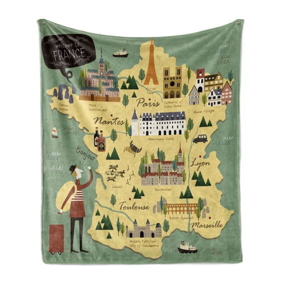 France Soft Flannel Fleece Throw Blanket, Travelling Themed French Map with Famous Landmarks in Doodle Style Print, Cozy Plush for Indoor and Outdoor Use, 50" x 70", Multicolor, by Ambesonne