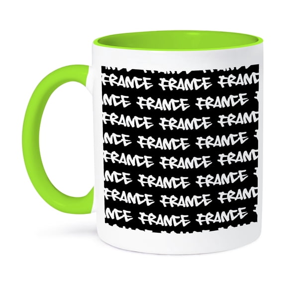 3dRose, France text design - white words on black - French souvenir - cool urban graffiti font pattern, 15oz Two-Tone Green Mug