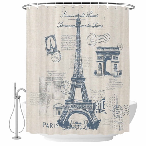 France Towers Shower Curtain, Waterproof Shower Curtains for Bathroom, Retro Hand-Painted Seal Architectural Art Washable Fabric Bathtub Curtain Set Bath Decor with 12 Hooks 72"x78"