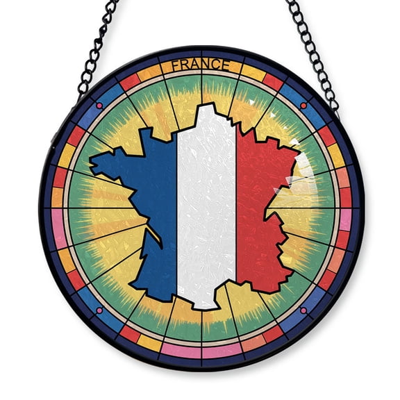 France Travel Decor Suncatcher Stained Glass Window Hanging, Gift for Traveller, Collection of Country Travel Souvenirs for Family and Friends, France Map and Flag Décor