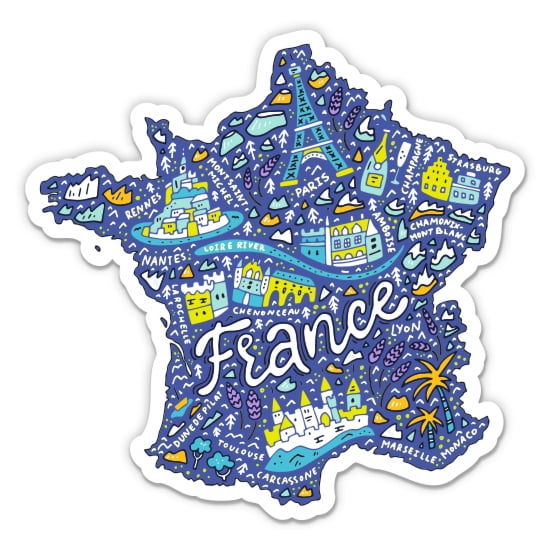 France Travel Map - 3" Vinyl Sticker - For Car Laptop Water Bottle Phone - Waterproof Decal