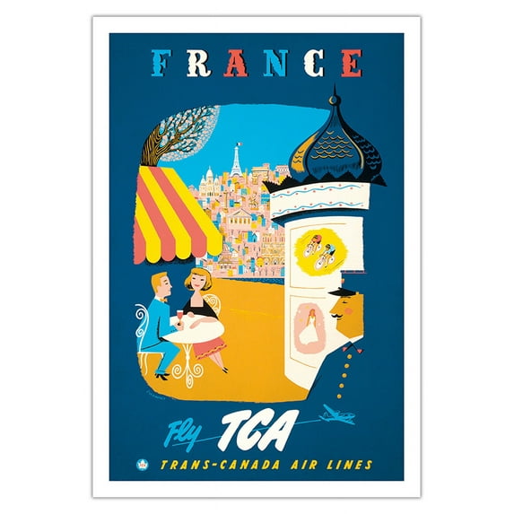 France - View of Paris - Fly TCA (Trans-Canada Air Lines) - Vintage Airline Travel Poster by Jacques Le Flaguais c.1954 - Fine Art Matte Paper Print (Unframed) 30x44in