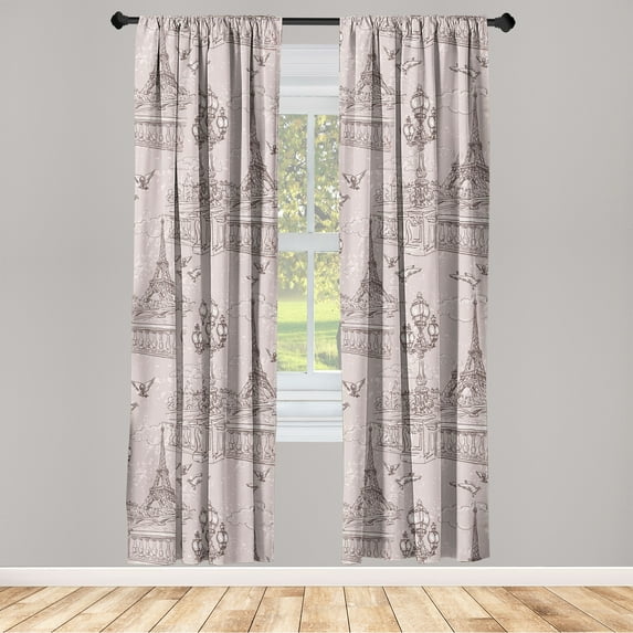 France Window Curtains, Vintage Style Travel Theme Paris Eiffel Towers Streetlights Dove Birds Art, Lightweight Decor 2-Panel Set with Rod Pocket, Pair of - 28"x95", Pale Rose Dark Mauve, by Ambesonne