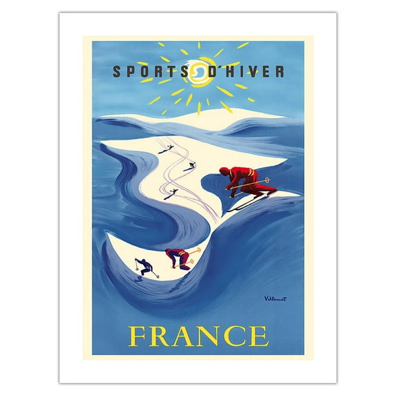 France - Winter Sports (Sports D’Hiver) - Skiing French Alps - Vintage Travel Poster by Bernard Villemot c.1948 - Fine Art Matte Paper Print (Unframed) 24x32in