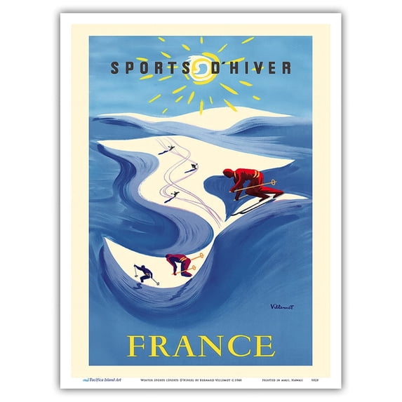 France - Winter Sports (Sports D’Hiver) - Skiing French Alps - Vintage Travel Poster by Bernard Villemot c.1948 - Master Art Print (Unframed) 9in x 12in