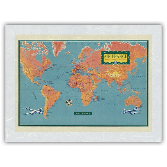 France World Route Map - Vickers Viscount - Super Constellation - Vintage Airline Travel Poster c.1956 - Japanese Unryu Rice Paper Art Print (Unframed) 12 x 16 in
