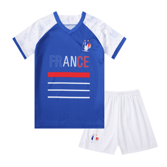 France Youth Boys Soccer Jerseys Outdoor Sports Kid Activewear Training Short Sleeve Kit Shirt Shorts Set, Blue M