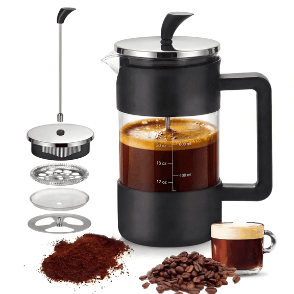 Acarner French Press Coffee Maker 35 oz, Stainless Steel Cold Brew Coffee Make,Heat Resistant Thick Borosilicate Glass French Presses with Fine Filtration System, Black