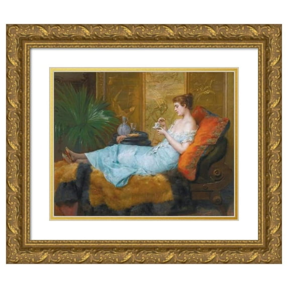 Francesc Masriera 14x12 Gold Ornate Wood Frame and Double Matted Museum Art Print Titled - Teatime (1897)