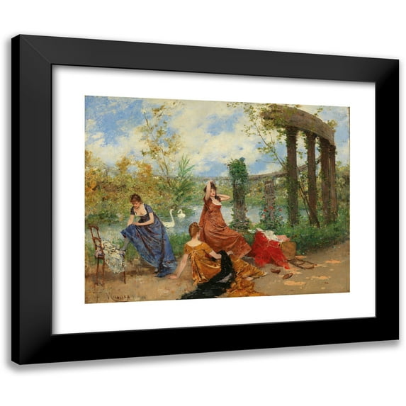 Francesc Miralles i Galaup 24x20 Black Modern Framed Museum Art Print Titled - Ladies Near the Park Pond