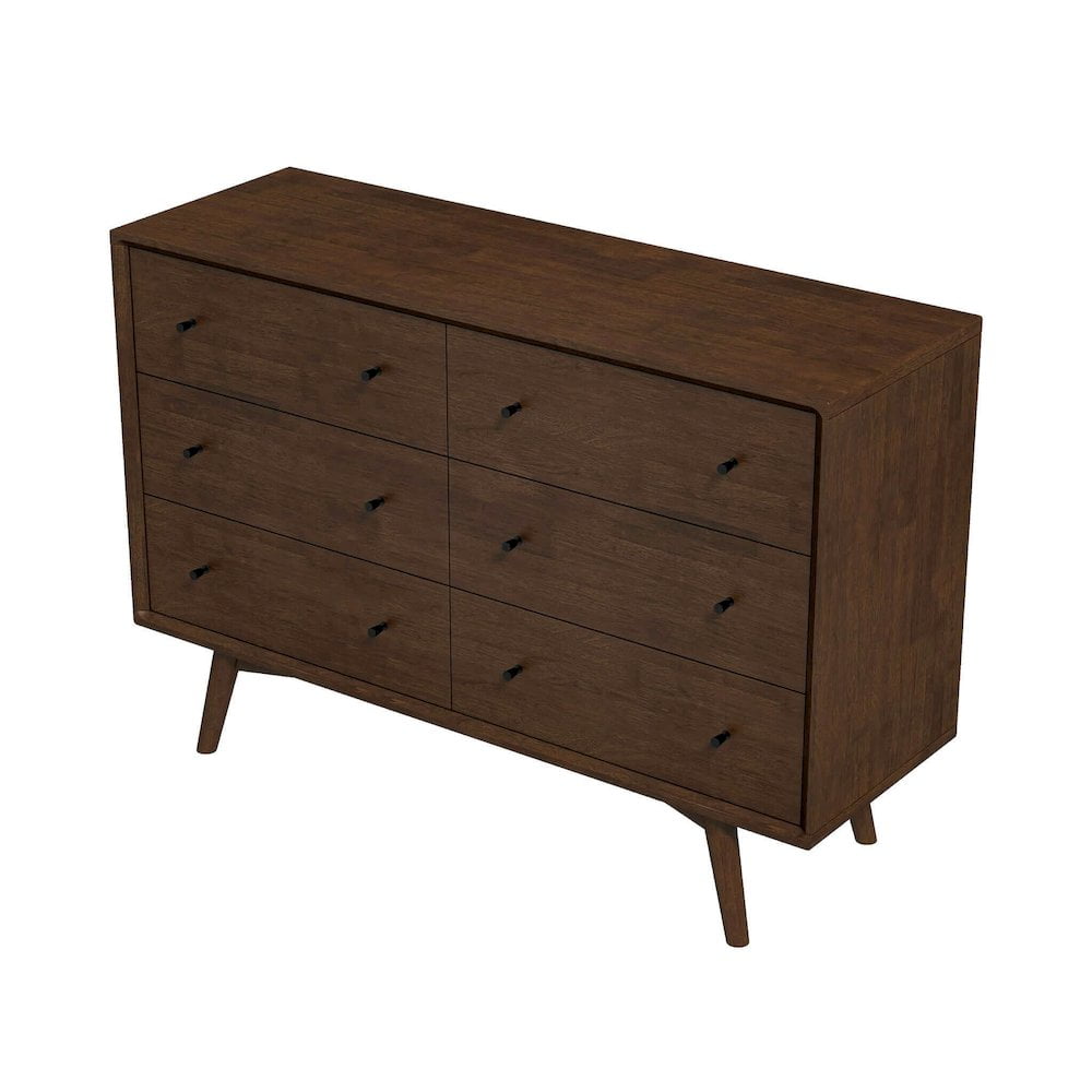 Walnut Brown Mid-Century Modern Double Dresser with Six Drawers
