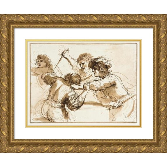 Francesco Bartolozzi 14x11 Gold Ornate Wood Frame and Double Matted Museum Art Print Titled - Two Men Killing Amnon While Another Flees (1727 - 1815)