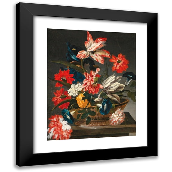 Francesco Caldei 12x14 Black Modern Framed Museum Art Print Titled - Flowers in a Decorative Vase on a Stone Ledge