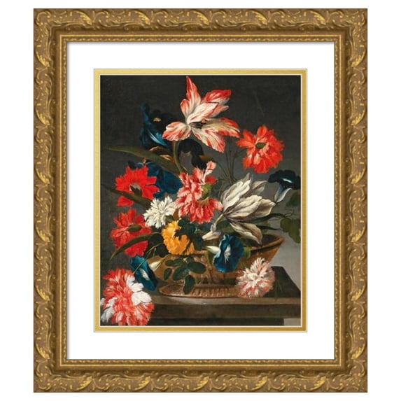 Francesco Caldei 20x24 Gold Ornate Framed and Double Matted Museum Art Print Titled - Flowers in a Decorative Vase on a Stone Ledge