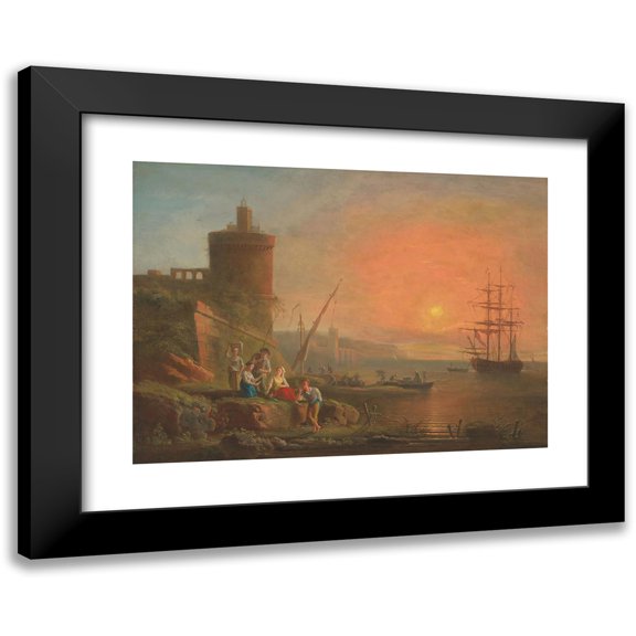 Francesco Fidanza 14x11 Black Modern Framed Museum Art Print Titled - A Coastal Landscape at Sunset with Fisherfolk by the Shore