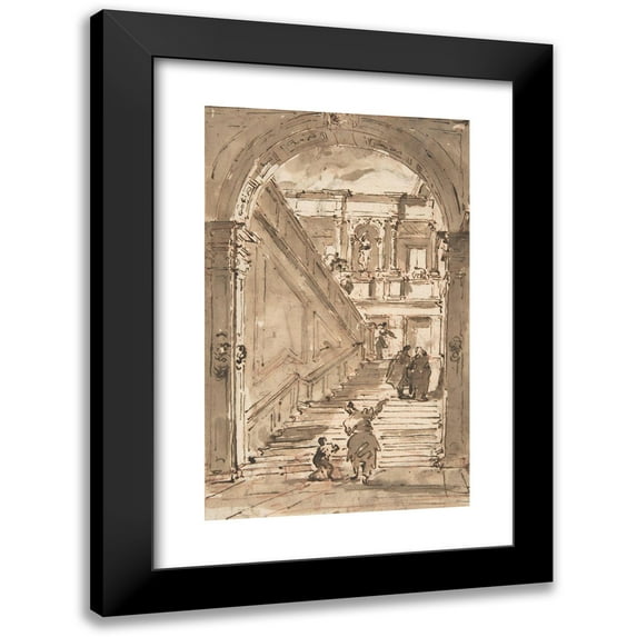 Francesco Guardi 13x18 Black Modern Framed Museum Art Print Titled - Architectural Fantasy; Figures on a Grand Staircase (1712-93)