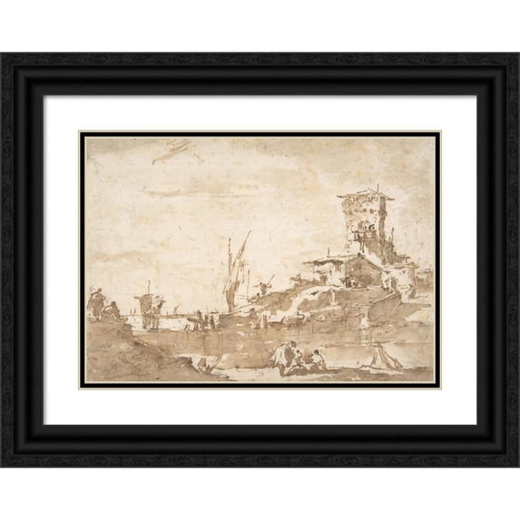 Francesco Guardi 14x11 Black Ornate Wood Framed Double Matted Museum Art Print Titled: Lagoon Capriccio with a Tower (1712-93)