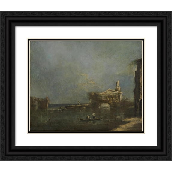 Francesco Guardi 14x12 Black Ornate Wood Framed Double Matted Museum Art Print Titled: Lagoon Near Venice (1740 - 1800)