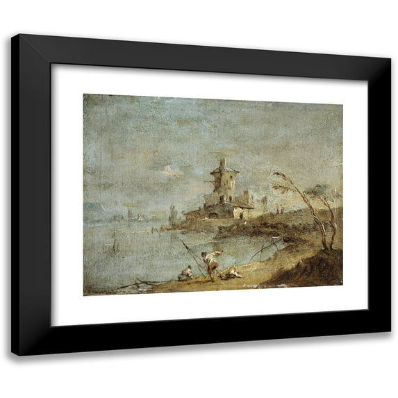 Francesco Guardi 24x20 Black Modern Framed Museum Art Print Titled - Rustic Whim, with Water Tower (18th Century)