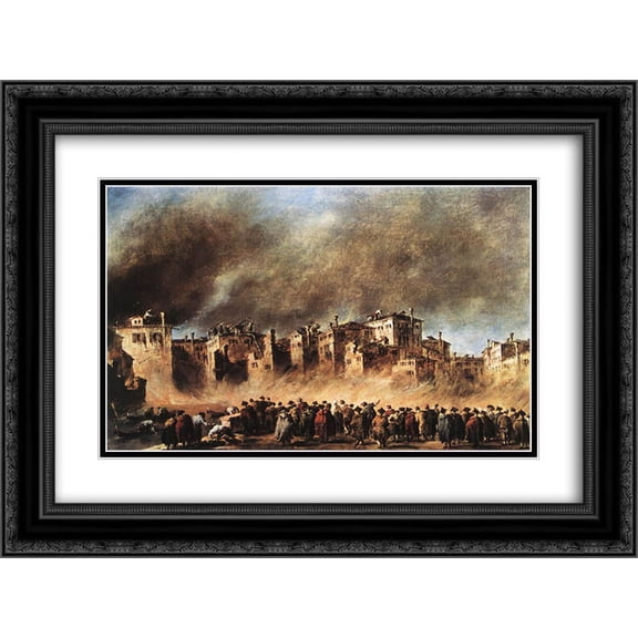 Francesco Guardi 2x Matted 24x20 Black Ornate Framed Art Print 'Fire in the Oil Depot at San Marcuola'