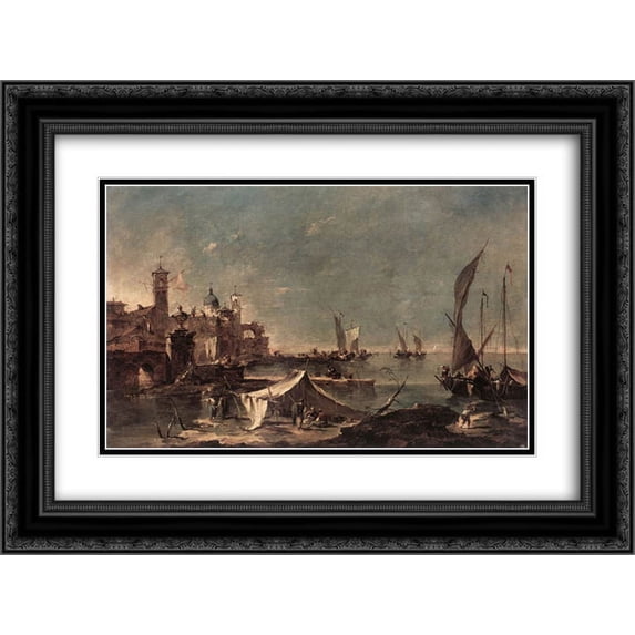 Francesco Guardi 2x Matted 24x20 Black Ornate Framed Art Print 'Landscape with a Fisherman's'