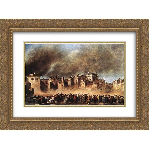 Francesco Guardi 2x Matted 24x20 Gold Ornate Framed Art Print 'Fire in the Oil Depot at San Marcuola'