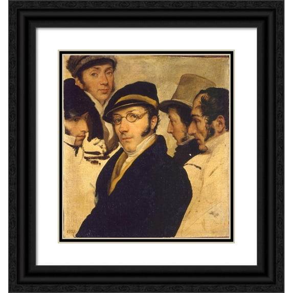 Francesco Hayez 12x13 Black Ornate Wood Framed Double Matted Museum Art Print Titled: Self Portrait in a Group of Friends (1824)