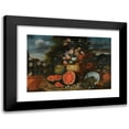 thumbnail image 1 of Francesco Lavagna 24x18 Black Modern Framed Museum Art Print Titled - Still Life with a Large Arrangement of Flowers in a Carved Stone Urn, with Open Watermelons, Figs and Earthenware Pots o, 1 of 5