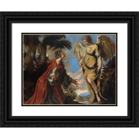 Francesco Maffei 14x12 Black Ornate Wood Framed Double Matted Museum Art Print Titled: Hagar and the Angel (ca. 1657)