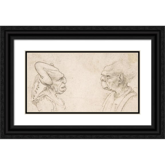 Francesco Melzi 18x11 Black Ornate Wood Framed Double Matted Museum Art Print Titled - A Grotesque Couple; Old Woman with an Elaborate Headdress and Old Man with Large Ears and Lacking