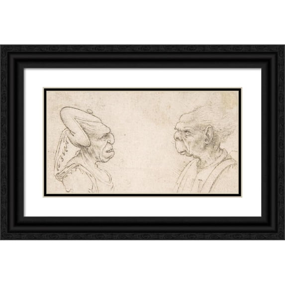 Francesco Melzi 24x15 Black Ornate Framed Double Matted Museum Art Print Titled: A Grotesque Couple; Old Woman with an Elaborate Headdress and Old Man with Large Ears and Lacking a