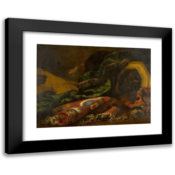 Francesco Noletti 14x11 Black Modern Framed Museum Art Print Titled - Still Life with Carpets, a Painting of a Putto, and a Violin