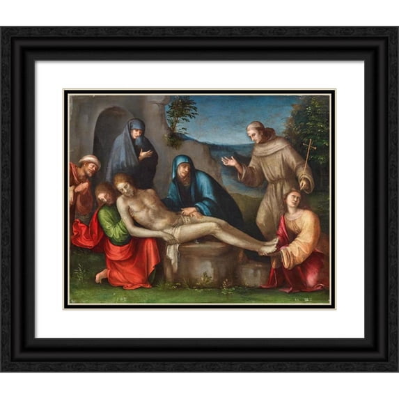 Francesco Raibolini 14x12 Black Ornate Wood Framed Double Matted Museum Art Print Titled: The Lamentation of Christ with Angels
