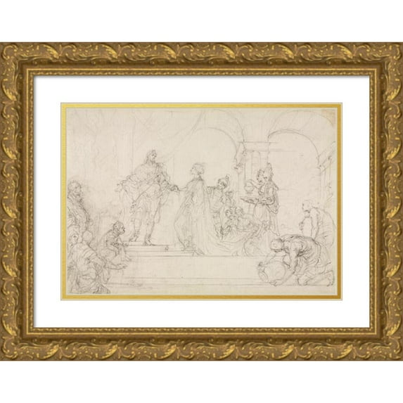 Francesco Solimena 18x14 Gold Ornate Wood Frame and Double Matted Museum Art Print Titled - Meeting of Solomon and Queen of Sheba