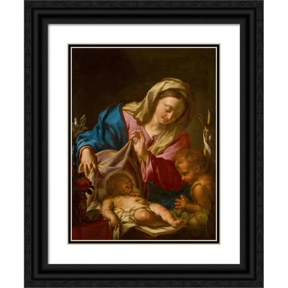 Francesco Trevisani 15x18 Black Ornate Wood Framed Double Matted Museum Art Print Titled - The Virgin and Child with the Infant Saint John the Baptist