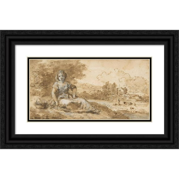 Francesco Zuccarelli 18x11 Black Ornate Wood Framed Double Matted Museum Art Print Titled - Seated Girl in a Landscape (1702-88)