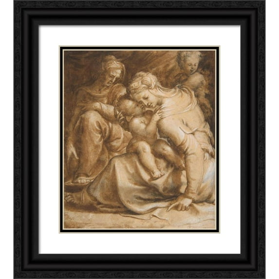 Francesco de' Rossi 20x23 Black Ornate Framed Double Matted Museum Art Print Titled: Virgin and Child with Saint Anne and John the Baptist (ca. 1550)