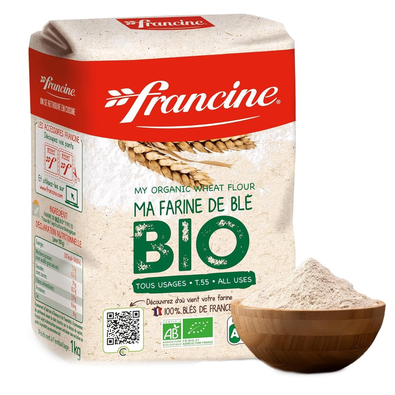 Francine Organic Wheat Flour, T55 Bio French Flour from France with Lower Gluten Content, Makes Great Breads, Pastries and Desserts, 35.3oz/1 kg (Pack of 2)