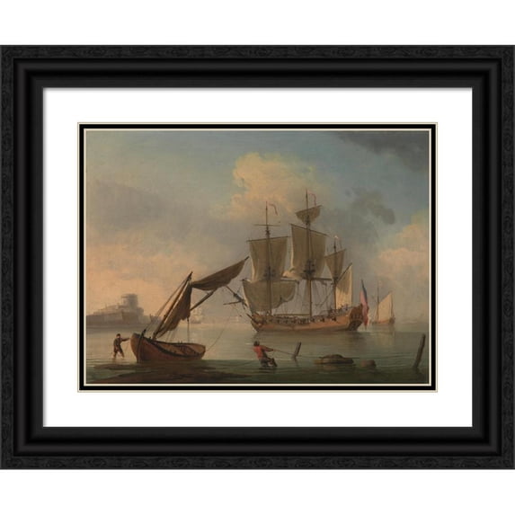 Francis Swaine 18x14 Black Ornate Wood Framed Double Matted Museum Art Print Titled - An English Sloop Becalmed Near the Shore