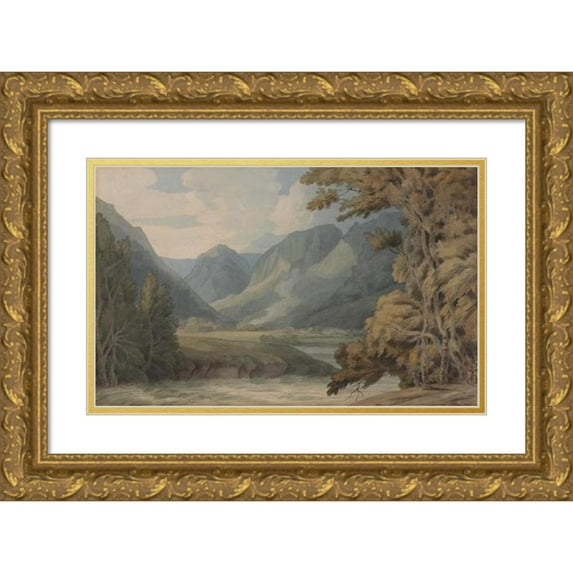 Francis Towne 14x11 Gold Ornate Wood Frame and Double Matted Museum Art Print Titled - View in Borrowdale of Eagle Crag and Rosthwaite